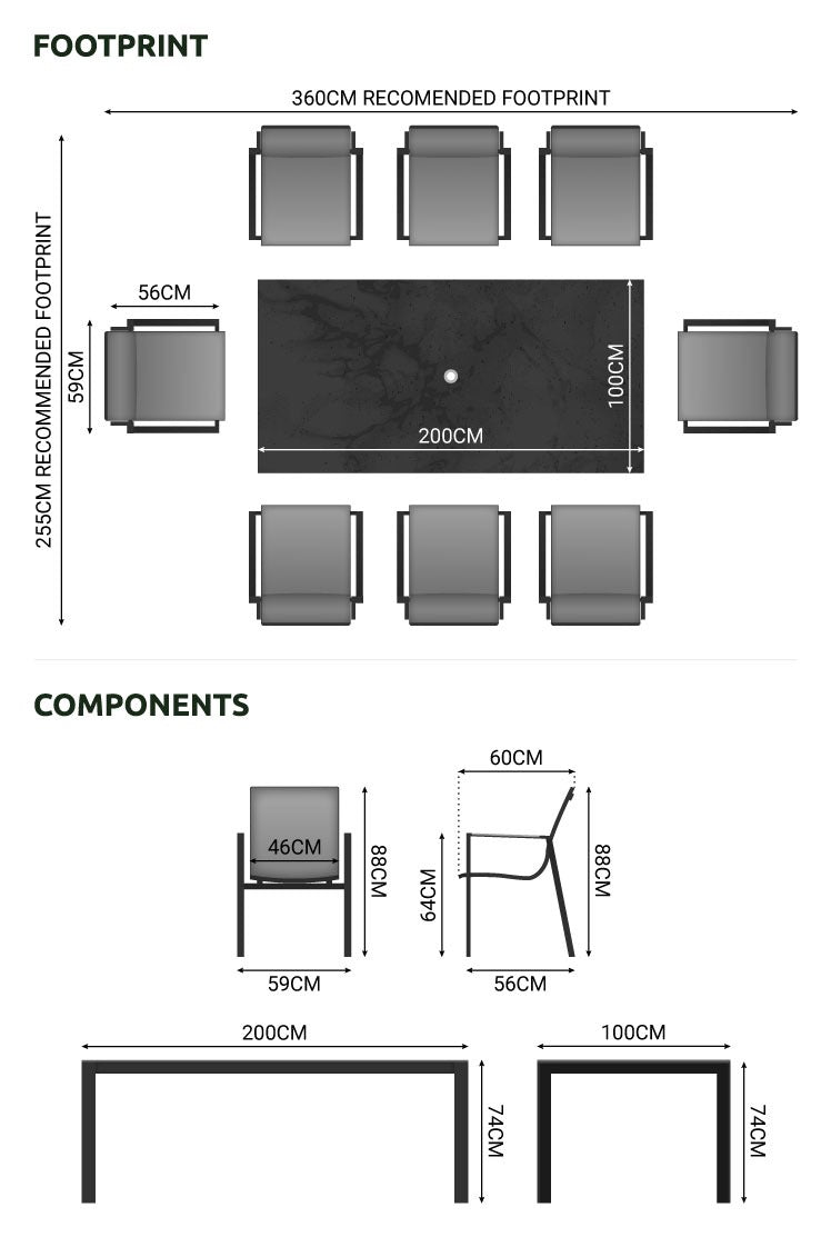 Milano 8 Seat Rectangular Dining Set footprint